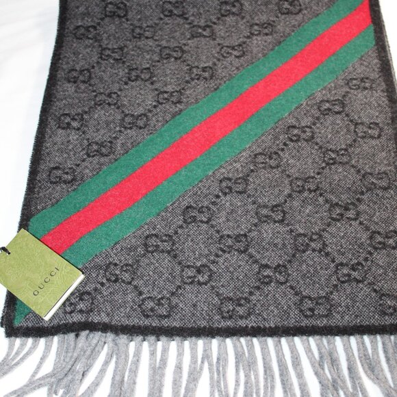 NWT GUCCI New Nikky Wool GG Monogram Web Scarf Tassel Charcoal Unisex 37 x 190 - Picture 1 of 5